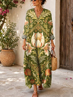 Retro Floral Pattern Art Print Casual V-neck Long Sleeve Cotton Linen Maxi Dress