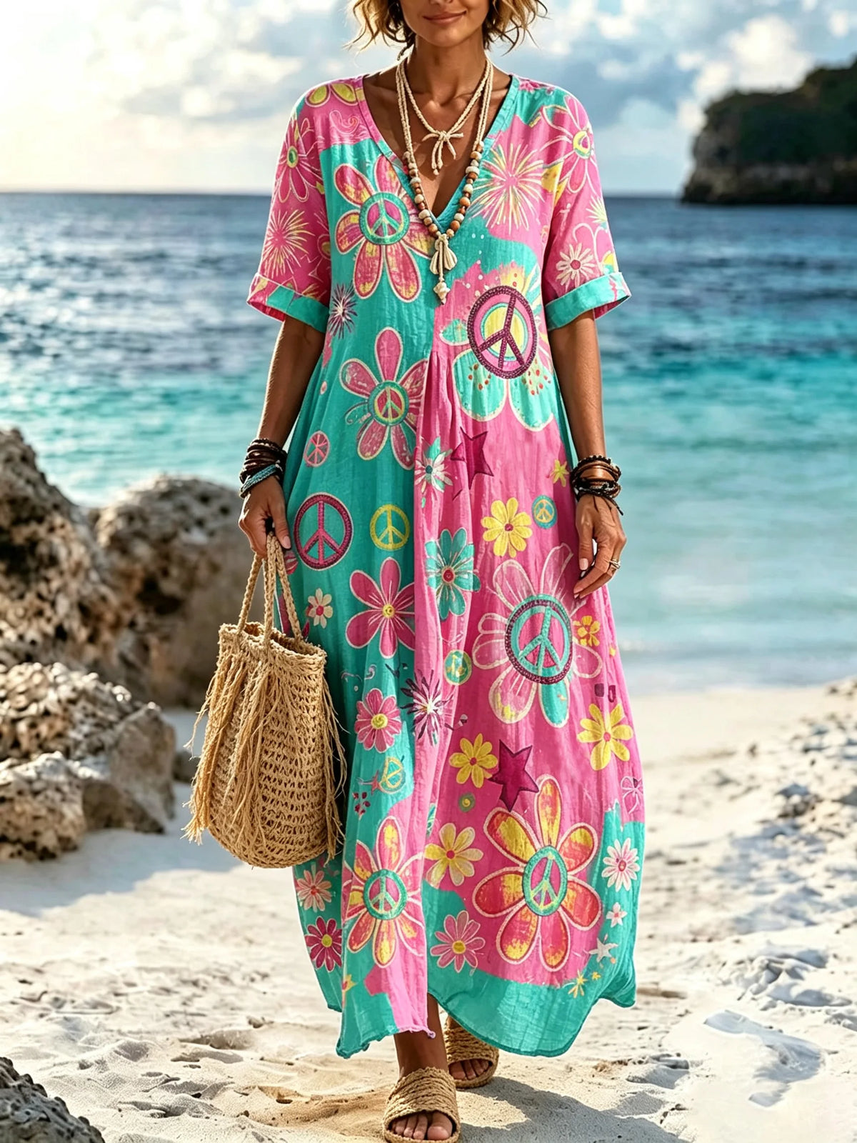 Women Hippie Peace Flower Color Contrast Print Beach Maxi Dress