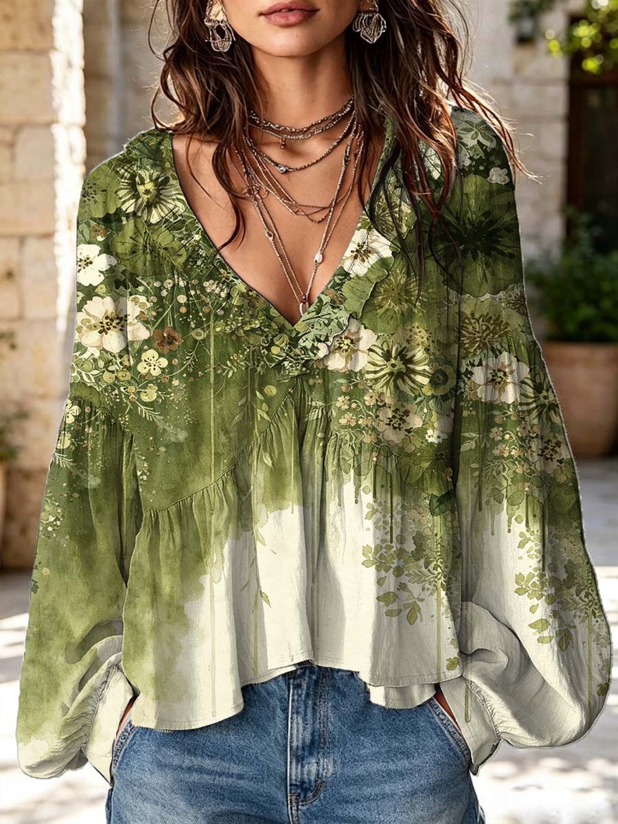 Women's Floral Pattern Art Print Ruffle Casual Long Sleeve Cotton Linen Shirt