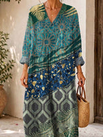 Retro Floral Patchwork Pattern Art Print Casual V-neck Long Sleeve Cotton Linen Maxi Dress