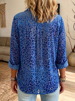 Women’s Blue Flocked Leopard Print Collared Loose Button Down Shirt With Pockets