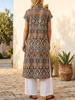 Retro Ethnic Floral Pattern Art Print Casual Side Slits Stylish Cotton Linen Shirt