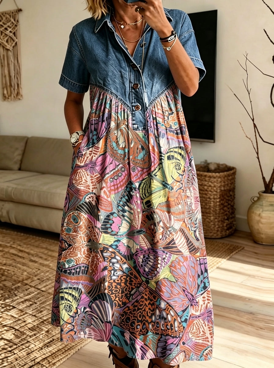 Women’s Denim Collar Colorful Butterfly Print Spliced Midi Shirt Dress