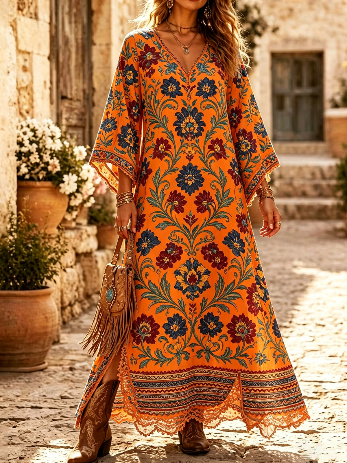 Women's Ornate Floral Damask Kaftan Maxi Dress