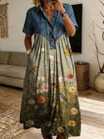 Women’s Denim Spliced Wildflower Bird Print Shirt Midi Dress With Pockets