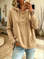 Women's Solid Color Basic Dual Pocket Drawstring Loose Hooded Sweatshirt