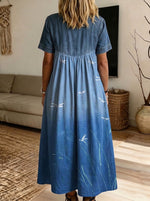 Women’s Denim Spliced Gradient Blue Dragonfly Print Shirt Midi Dress With Pockets