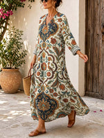 Retro Ethnic Floral Pattern Art Print Casual V-neck Long Sleeve Cotton Linen Maxi Dress
