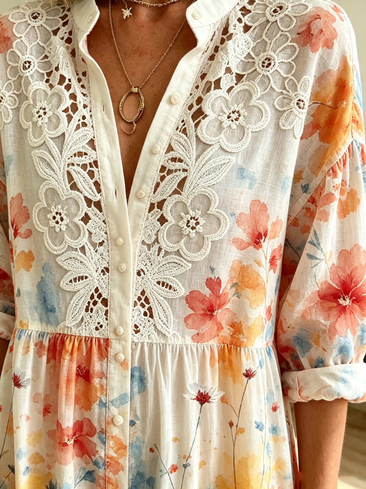 Women's Floral Crochet Lace Shirt Dress