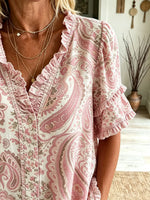 Women's Pink Paisley Floral Ruffle Short Sleeve Blouse