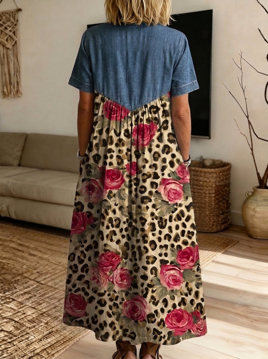 Women’s Denim Spliced Leopard Rose Floral Print Shirt Midi Dress With Pockets