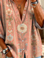 Women's Floral Pattern Art Print Casual Long Sleeve Cotton Linen Shirt