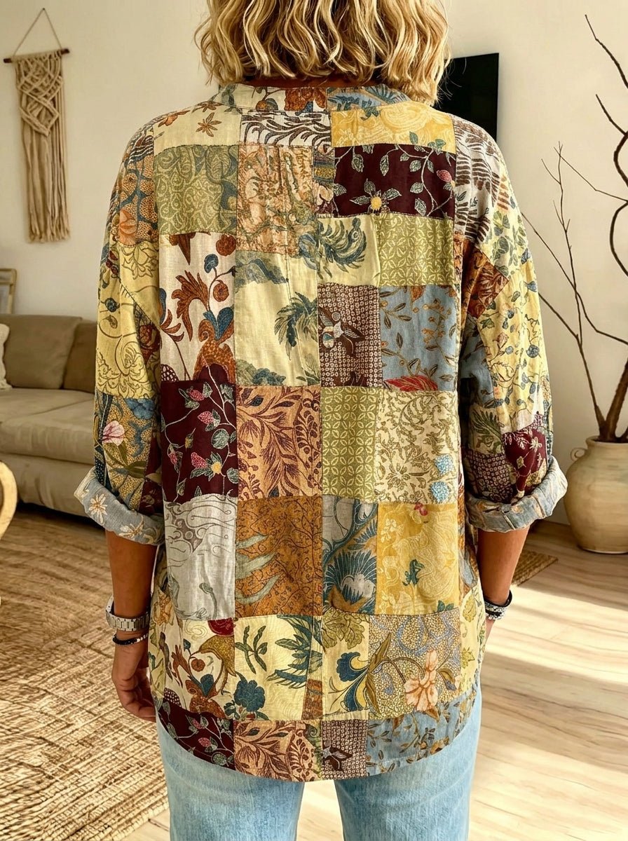 Women’s Vintage Patchwork Botanical Print Ruffle Collar Loose Button Down Blouse