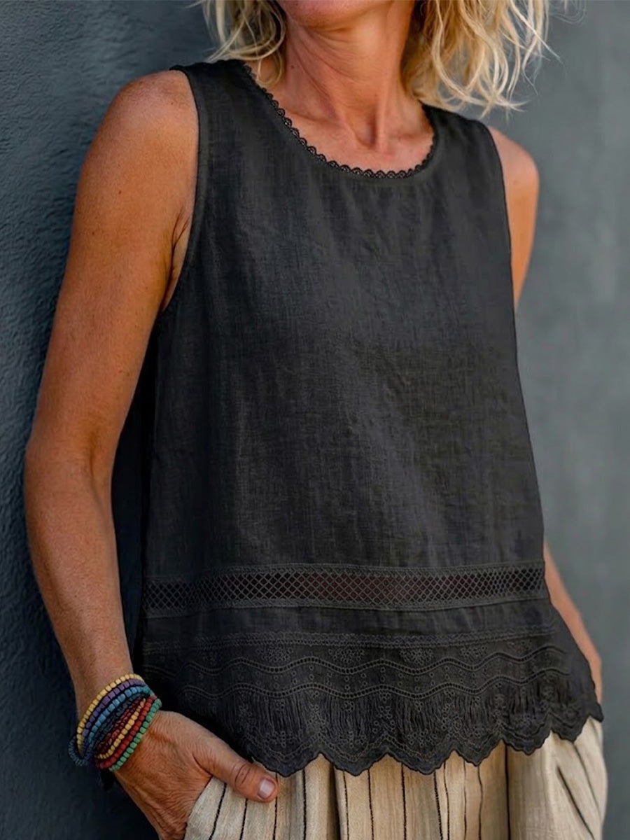 Sleeveless T-shirt With A Stylish Lace-trimmed Round Neck¡ªa Casual, Slimming Top