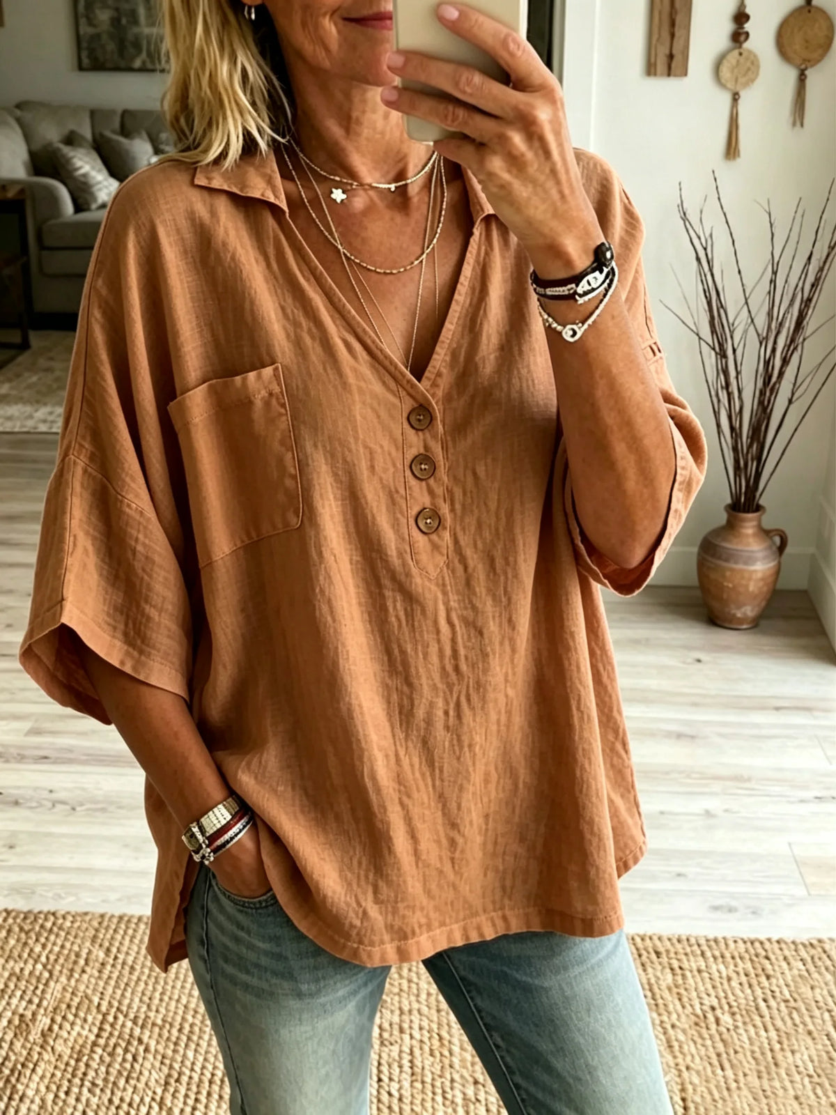 Women Solid Basic Pocket Henley Linen Short Sleeve Shirt