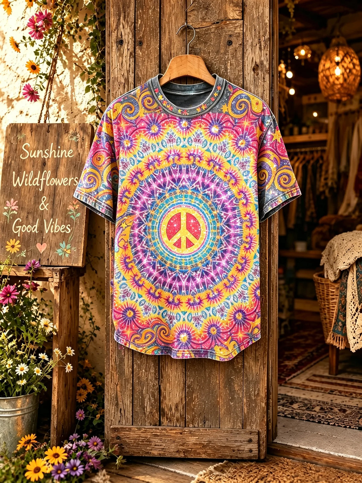 Unisex Colorful Mandala Peace Sign Print Short Sleeve T-Shirt