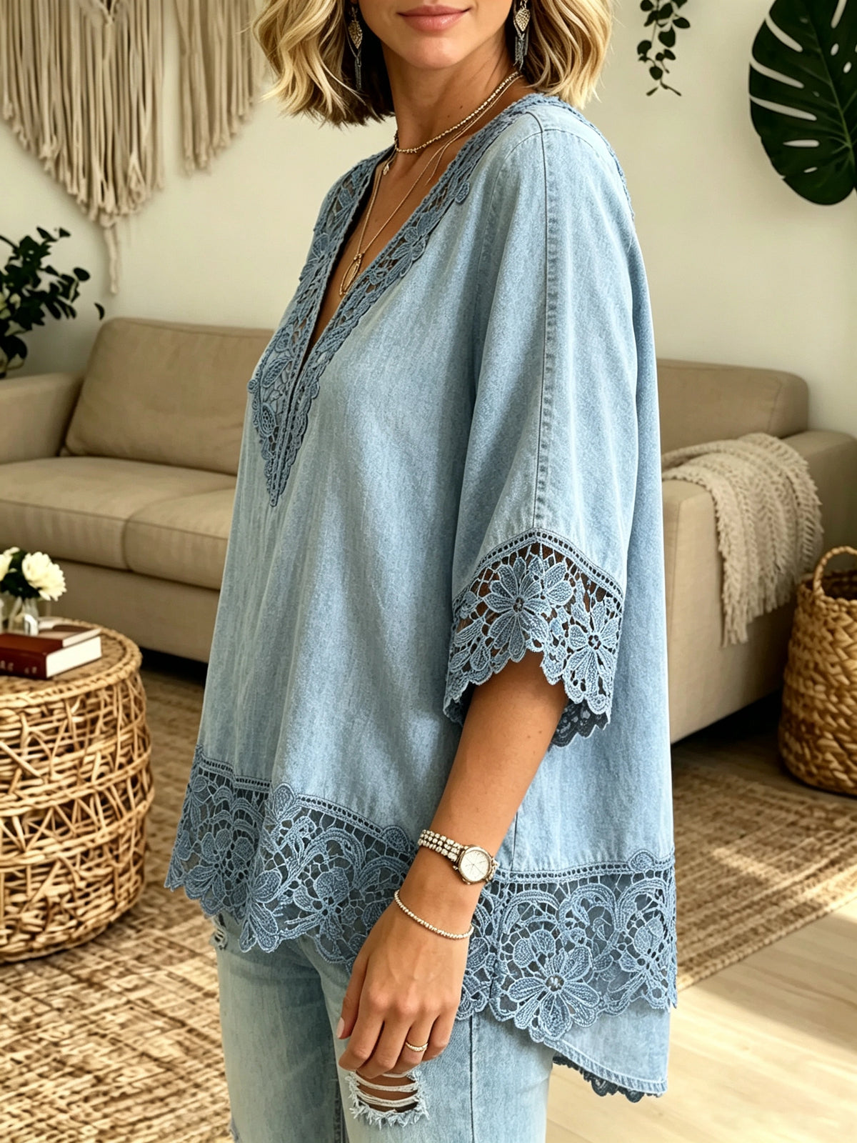 Women's V-Neck Lace Denim Top