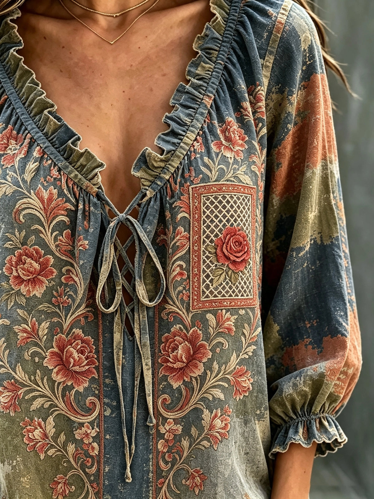 Women's Vintage Rose Floral Print Tie-Neck Blouse