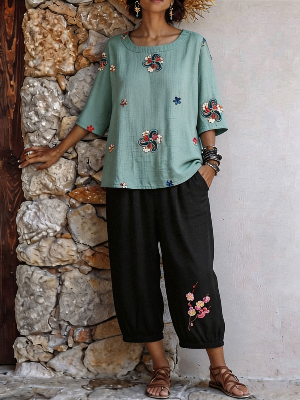 Womens’ Floral Embroidery Three Quarter Sleeve Top & Cropped Jogger Pants Two Piece Set