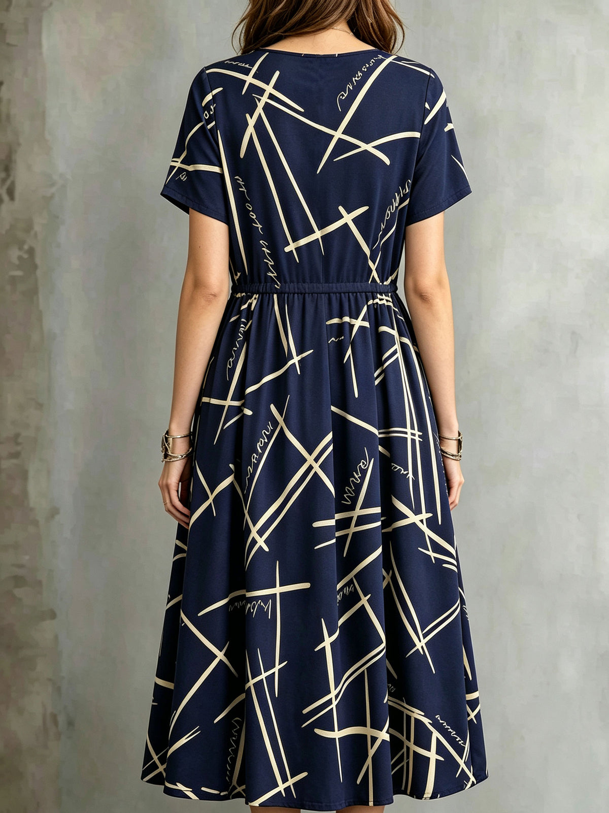 Women's Geometric Line Print Short Sleeve Drawstring Waist Midi Dress