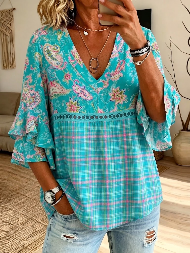 Women‘s Paisley Plaid Spliced V Neck Layered Flare Sleeve Lace Blouse