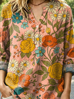 Women's Retro Floral Pattern Art Print Casual Long Sleeve Linen Shirt