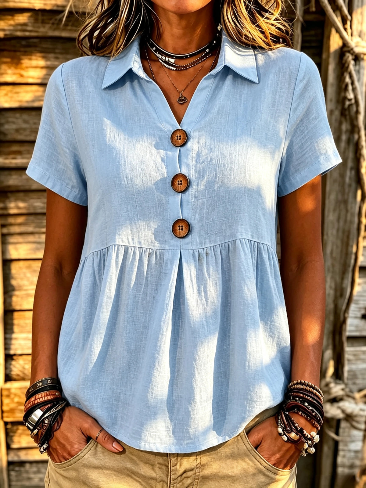 Women's Peplum Button-Front Short Sleeve Blouse