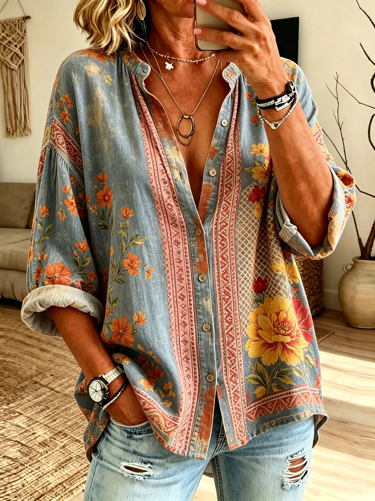 Women's Floral Border Print Button-Down Shirt
