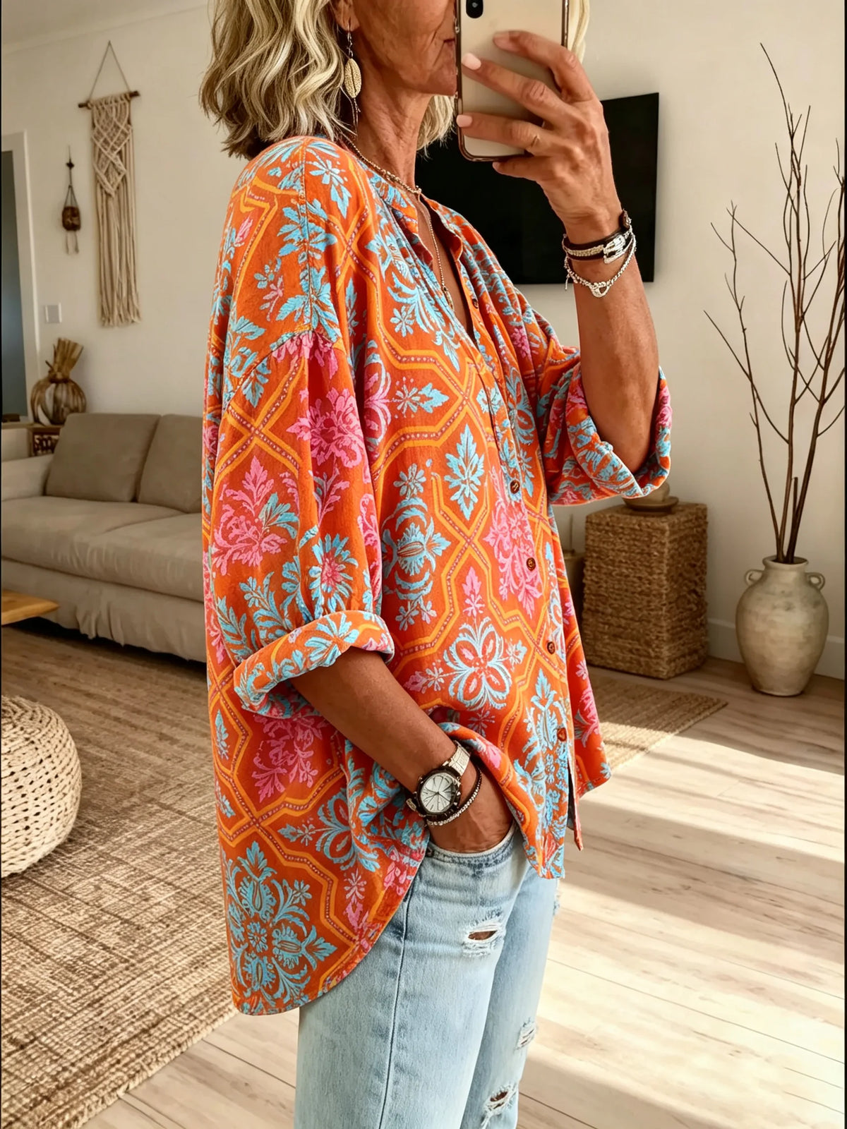 Women Vintage Damask Floral All Over Print Button Down Shirt