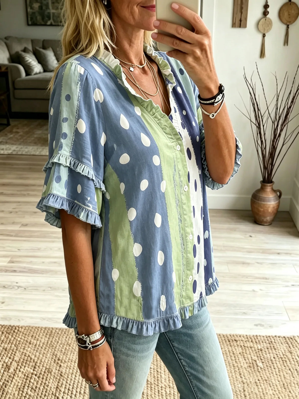 Women's Vertical Stripe Polka Dot Ruffle Short Sleeve Blouse
