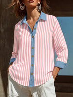 Women's Color-block Striped Shirt Featuring A Minimalist, Chic Style, Spliced collar, And Loose Fit