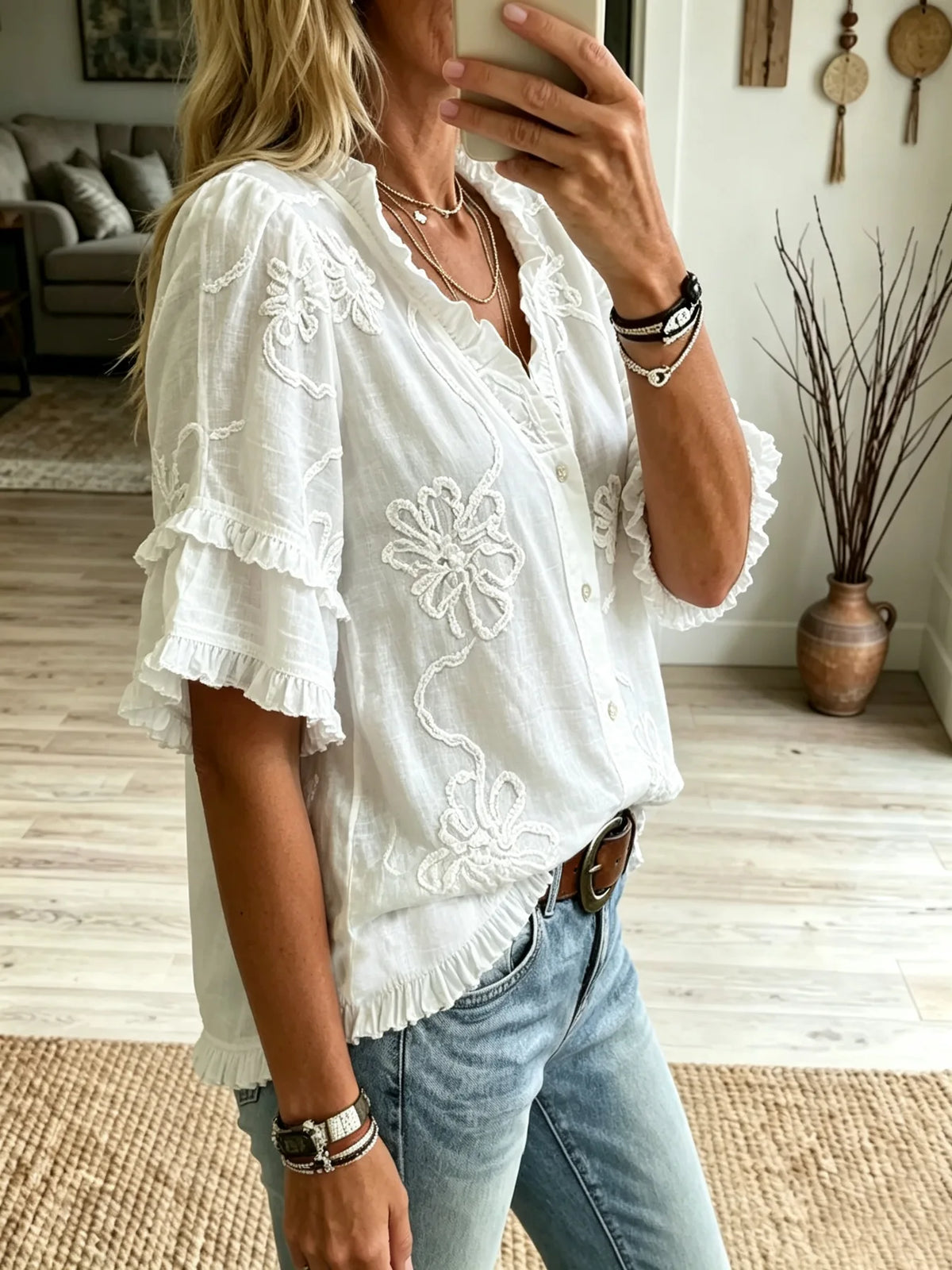 Women's 3D Floral Ruffle Short Sleeve Blouse