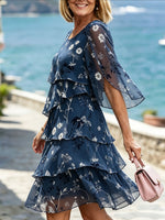 Women’s Navy Floral Print Split Flare Sleeve Tiered Ruffle Chiffon Dress