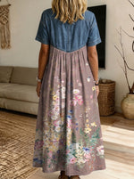 Women’s Denim Spliced Floral Dragonfly Print Shirt Midi Dress With Pockets