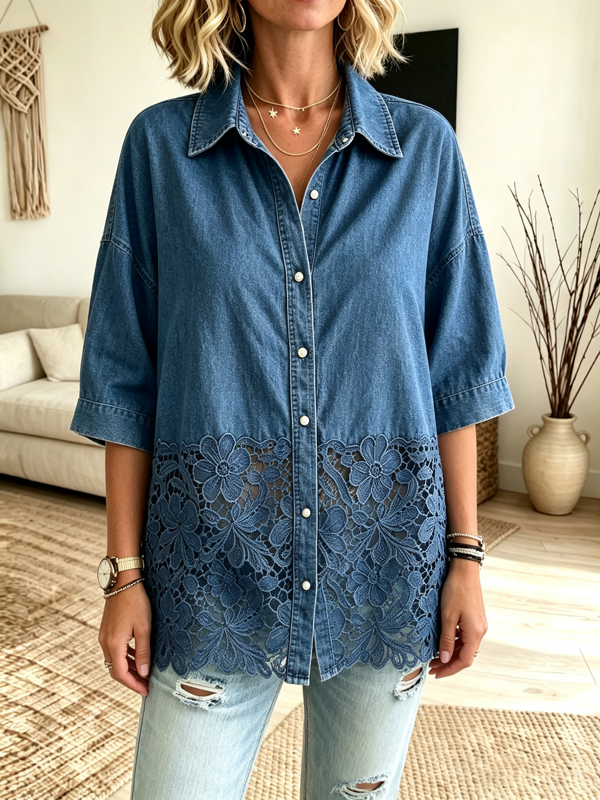 Women's Cutout Lace Denim Shirt
